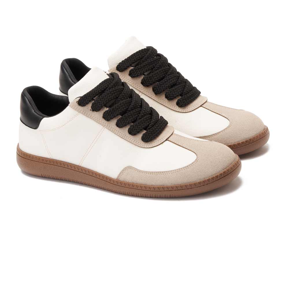 Women leather sneaker with black heel collar - Beige